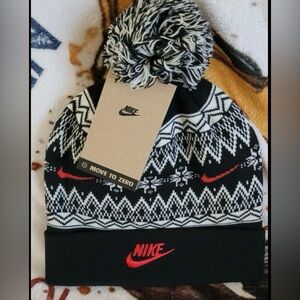 Nike Kids Black and White Knit Beanie with Red Logo